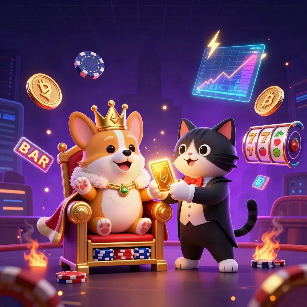 Neon royal corgi and cat butler amid coins, lightning, reels, and casino treasure in a dark cosmic glow.