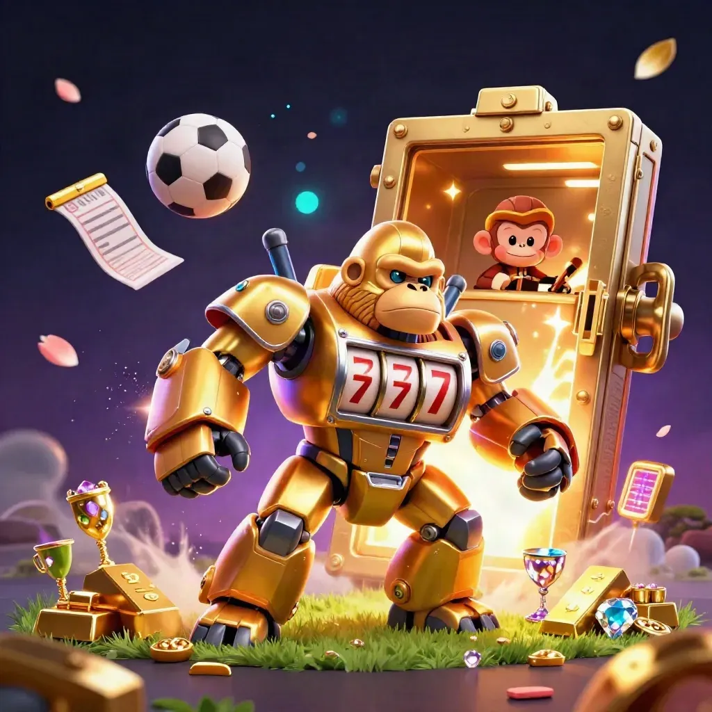 Golden gorilla mech with monkey pilot, vault burst, balls, gold, neon casino glow