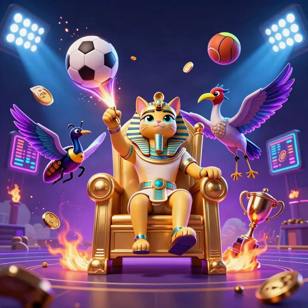 Pharaoh cat, ibis scribe, and scarabs amid flying sports balls, coins, and neon arena beams.