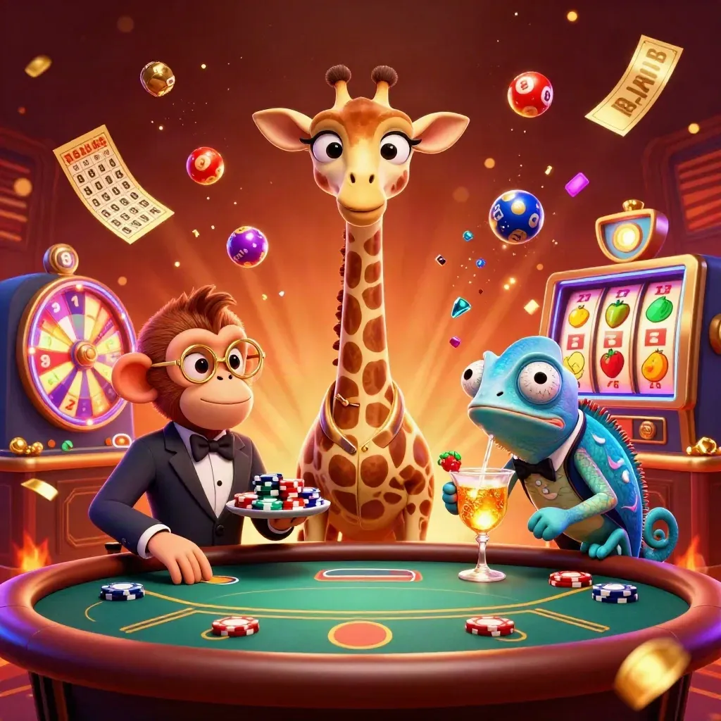 Giraffe, monkey, and chameleon at a glowing VIP casino table with jackpots, balls, and tickets