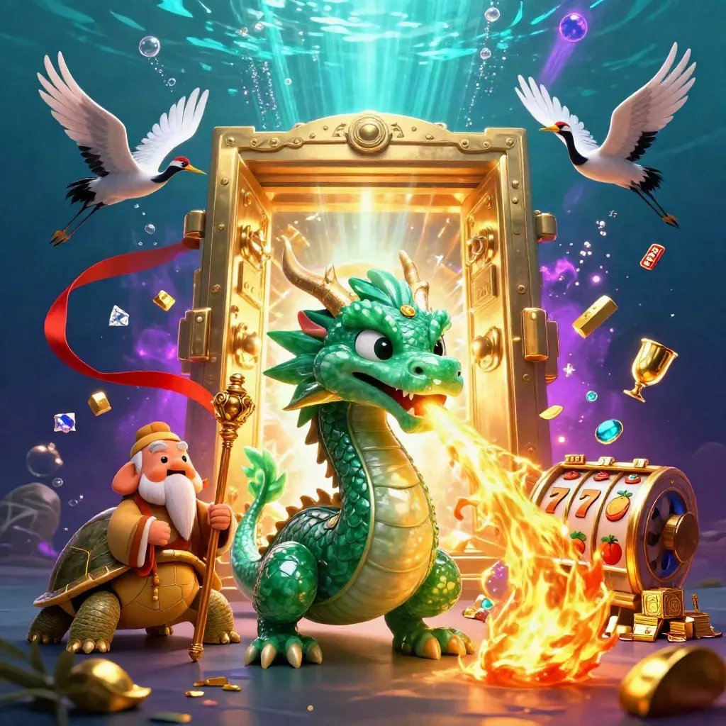 Emerald dragon, turtle sage, and cranes amid a glowing treasure vault underwater