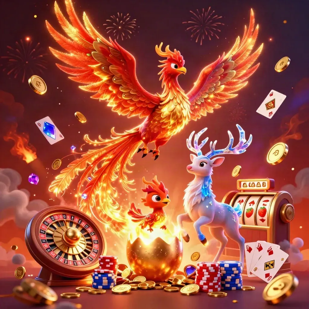 Phoenix, baby phoenix and crystal-antlered stag amid coins, gems and casino fireworks.