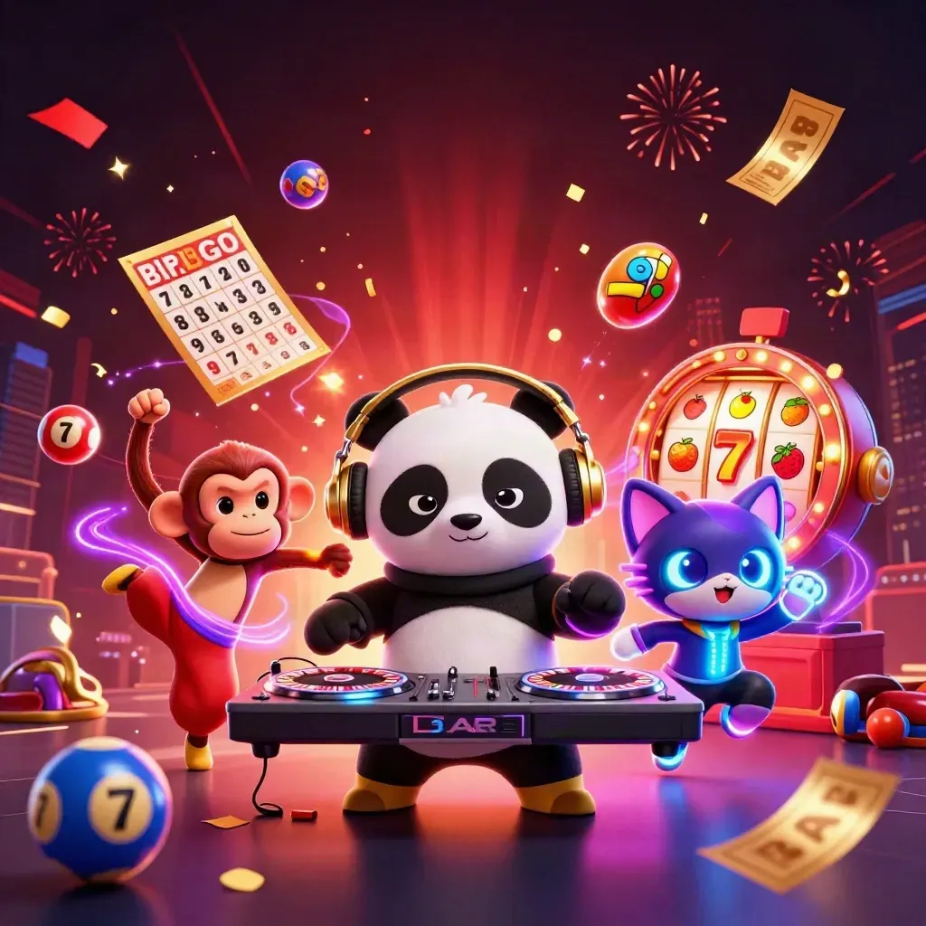 DJ panda, dancing monkey, and glow-kitten amid casino spins, coins, fireworks, and neon lights