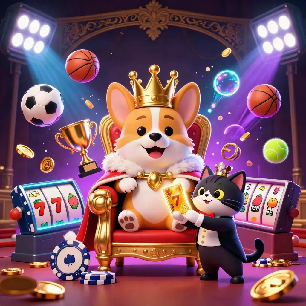 Royal corgi and cat butler amid casino reels, coins, sports balls, and neon glow on a dark luxe backdrop.