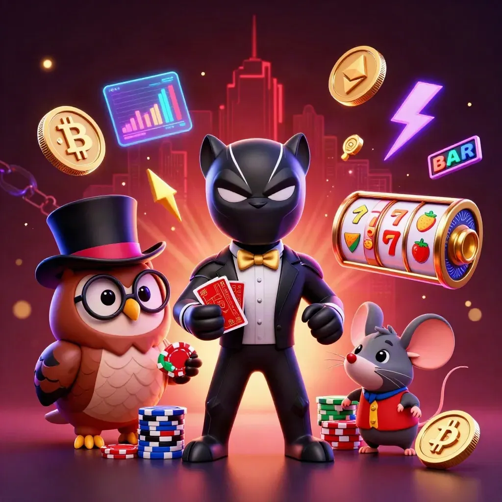 Panther, owl, and mouse in neon casino action with coins, reels, and city glow.
