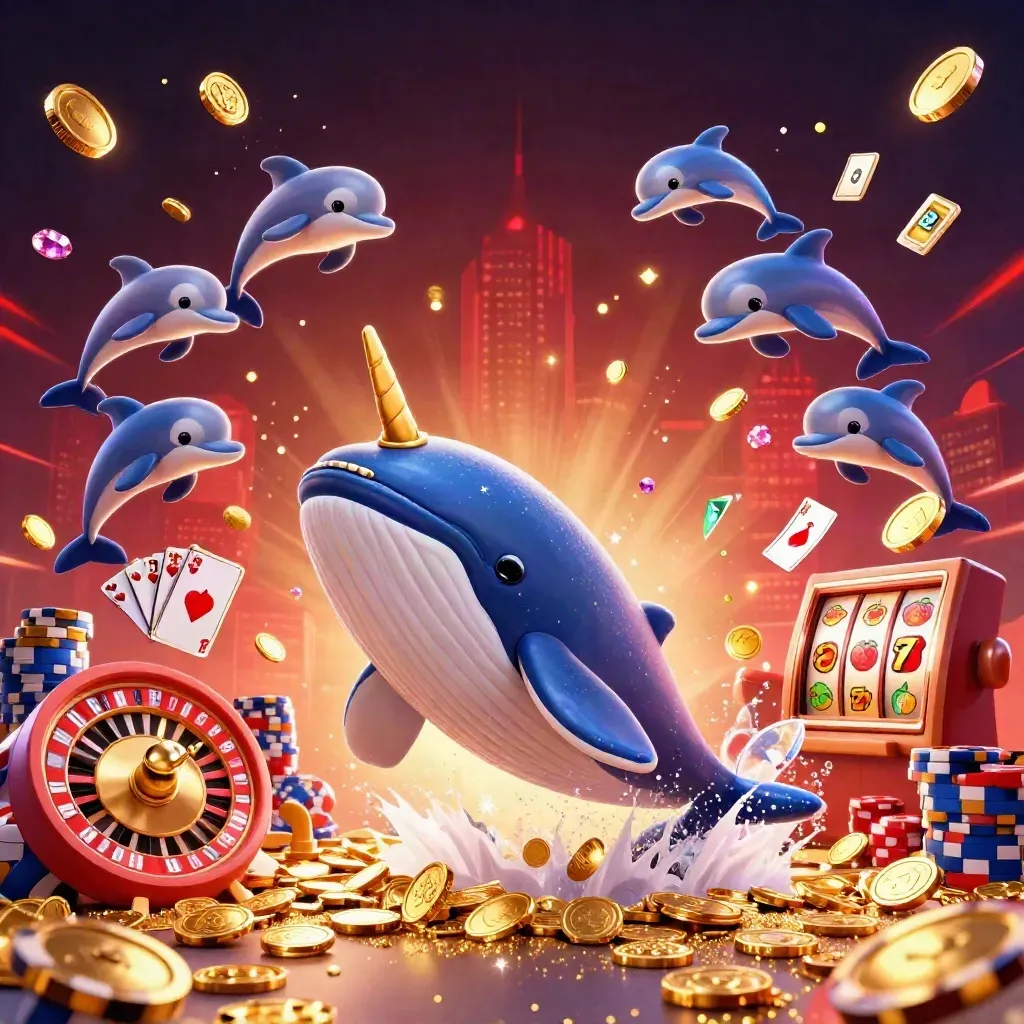 Captain whale, narwhal and dolphins burst through coins with roulette, chips, cards and neon casino glow.