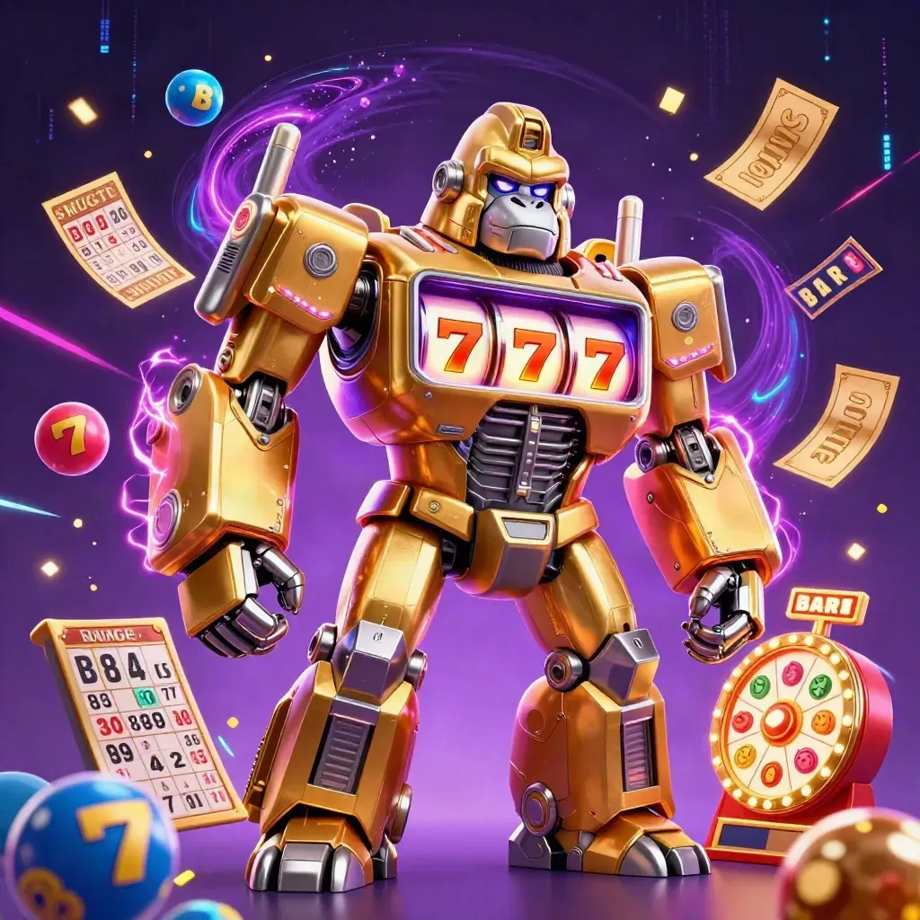 Golden gorilla mech with monkey pilot amid reels, prize wheel, lottery balls, and neon casino energy